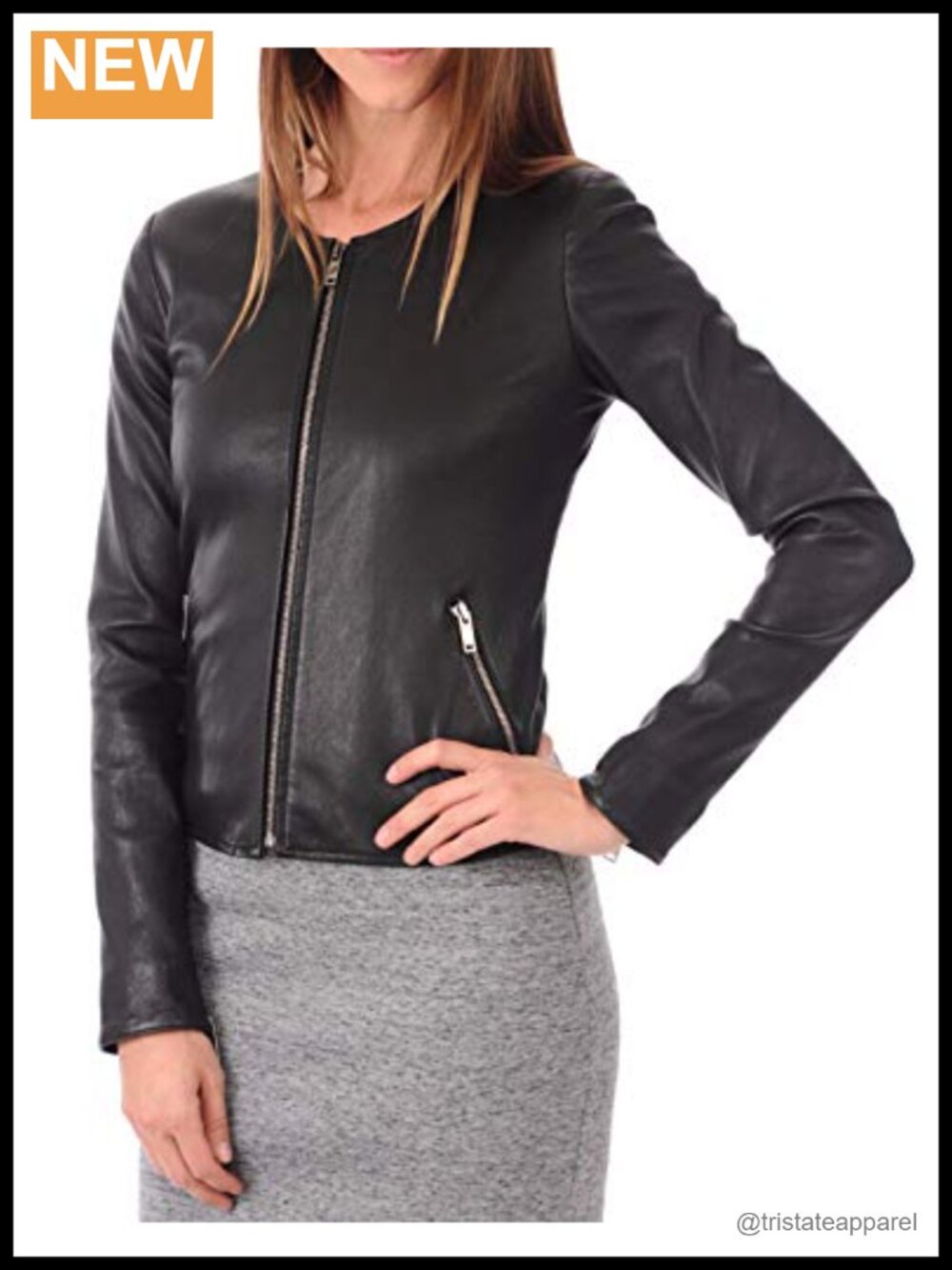 100% Leather Lambskin Jacket Women Collarless Slim Fit Moto Biker Motorcycle